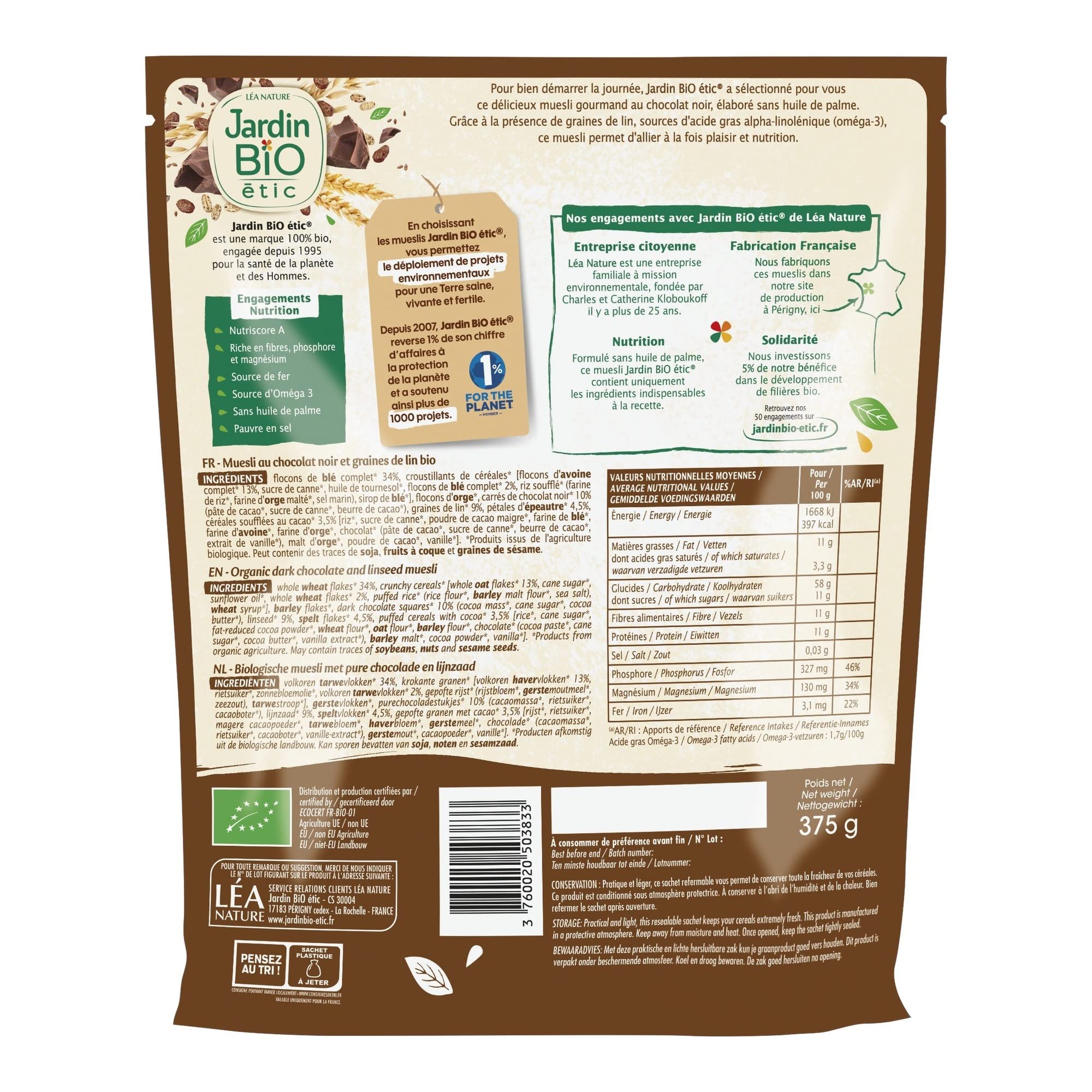 Jardin BiO étic - Muesli Chocolat noir et Graines de lin 375g