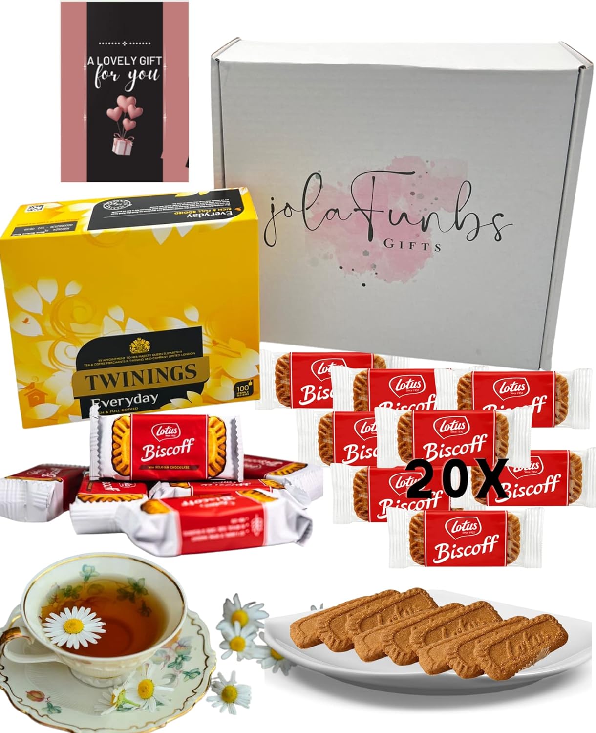 Tea Biscuits Gift Set Lotus Biscoff Biscuits Multipacks, Twinings Tea & Card Birthday