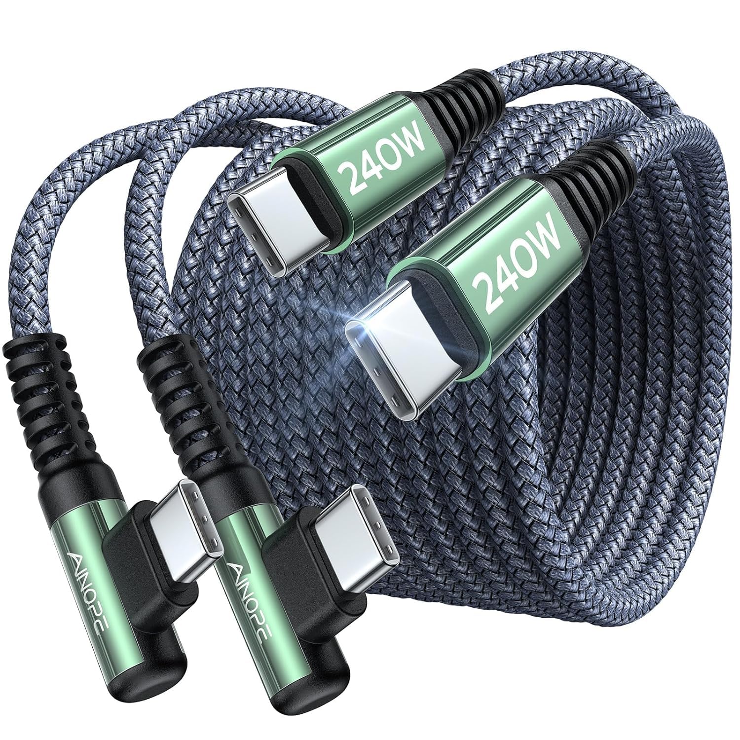 AINOPE 240W USB C to USB C Cable (6.6ft 2Pack Chubby USB C) USB C to USB C Fast Charging Cable, Right Angle USB C Charger Cable for iPhone16 Charger Cord, MacBook Pro, iPad, Samsung Galaxy S25