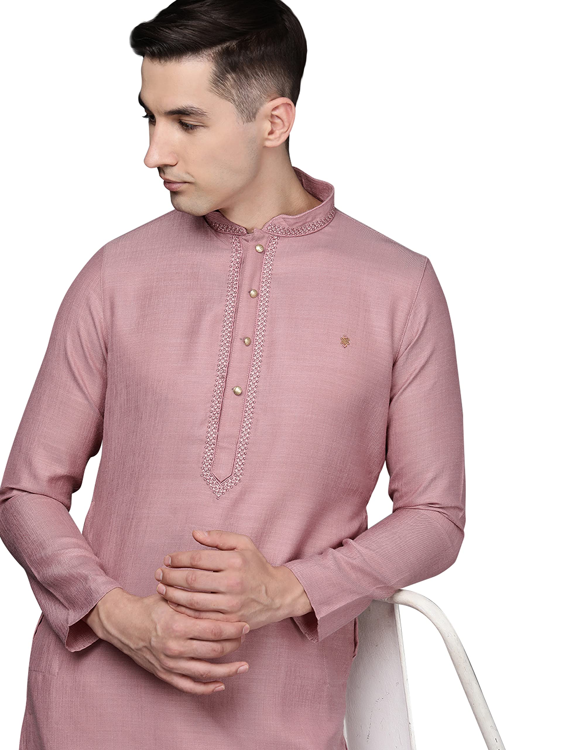 Manyavar Set Kurta da uomo in tinta unita ricamato (2 pezzi)