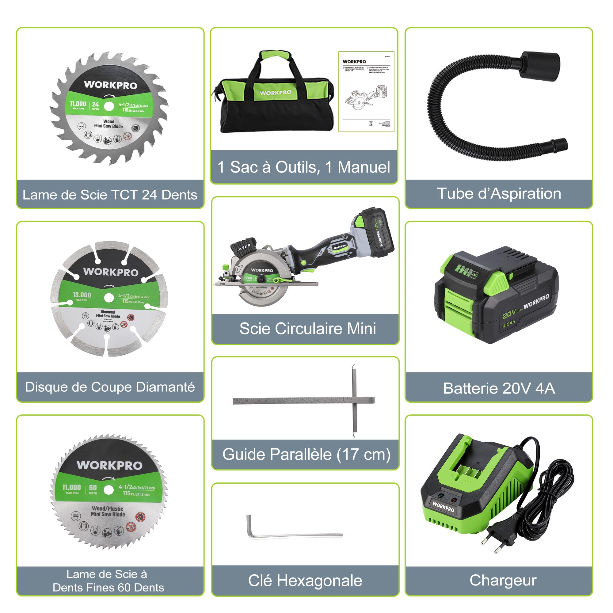 WORKPRO Mini Scie Circulaire Sans Fil 20 V avec Batterie 4,0 Ah | Avec Rail de Guidage, Laser, 3 Lames,Profondeur de Coupe 42,8 mm à 90° et 28 mm à 45°