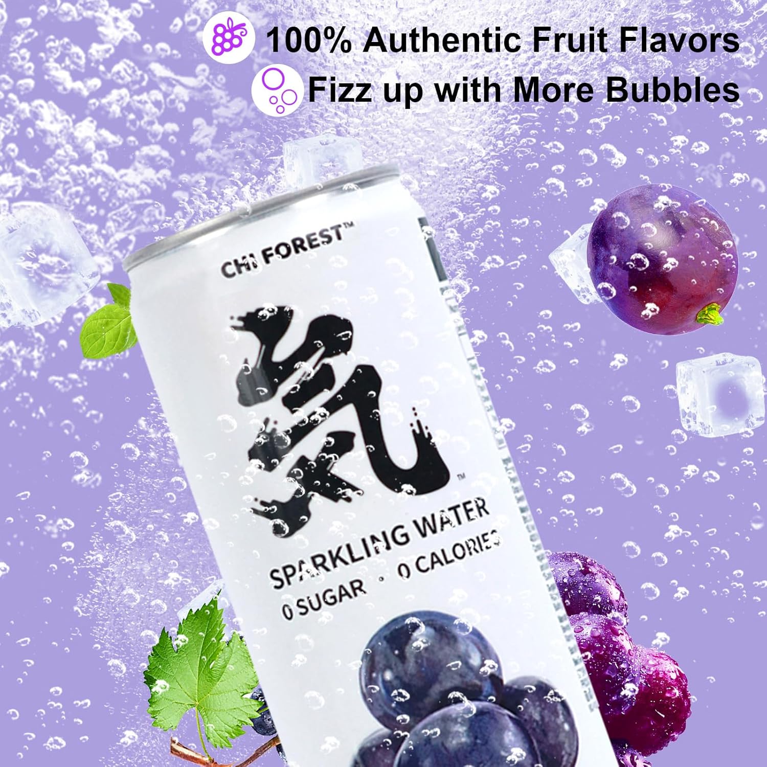 CHI FOREST Grape Sparkling Water 24 Cans, Flavored Sparkling Water, 0 Sugar and 0 Calorie Bubbly Water, Refreshing Carbonated Water, Perfect for Party, Exercise or Work, 11.16 Fl oz, Pack of 24