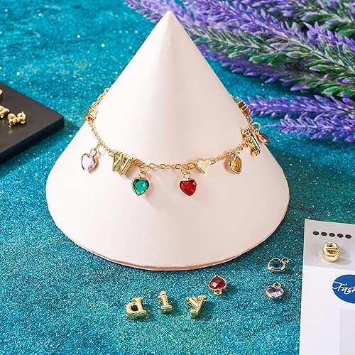 Miniatura 3 de Cheriswelry Juego de 50 piezas de joyería de piedra natal con forma de corazón, dijes de cristal de aleación de letra A  Z, cuentas de latón, flores