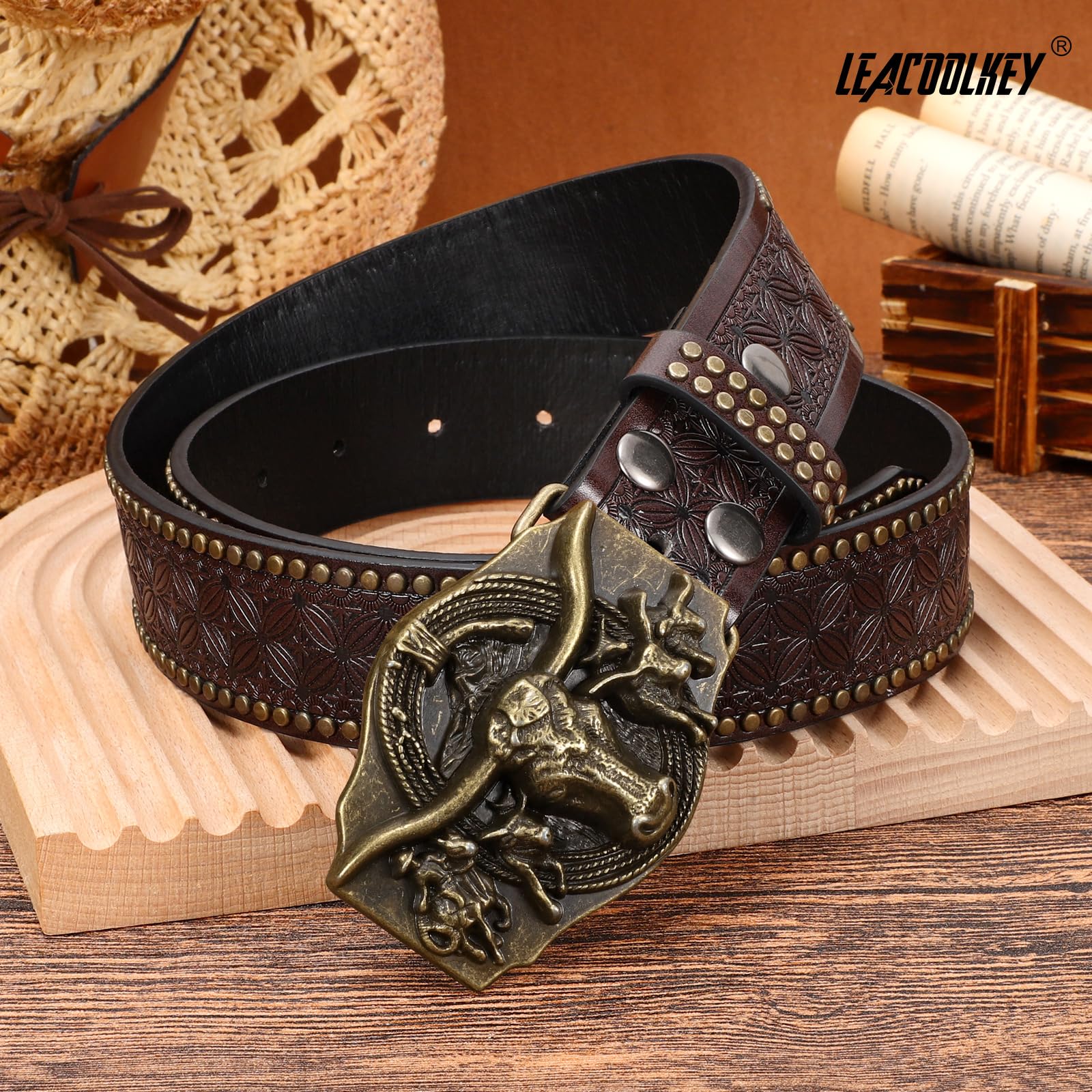 LEACOOLKEY Western Cowboy skórzany pasek dla mężczyzn i kobiet, kowbojka, western, kraj, męski pasek z klamrą, pasek do dżinsów, spodni