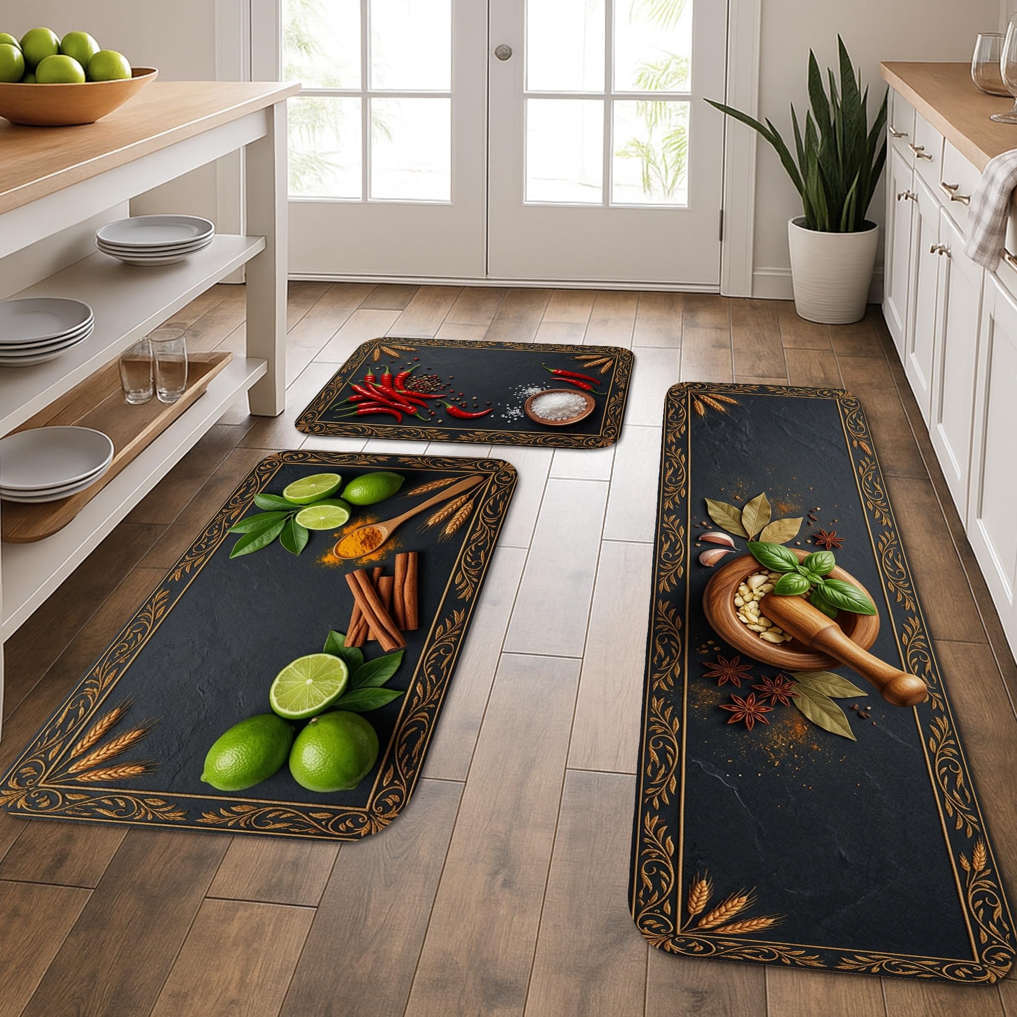 Lot de 3 tapis de cuisine vert cannelle chili confortables pour évier et entrée