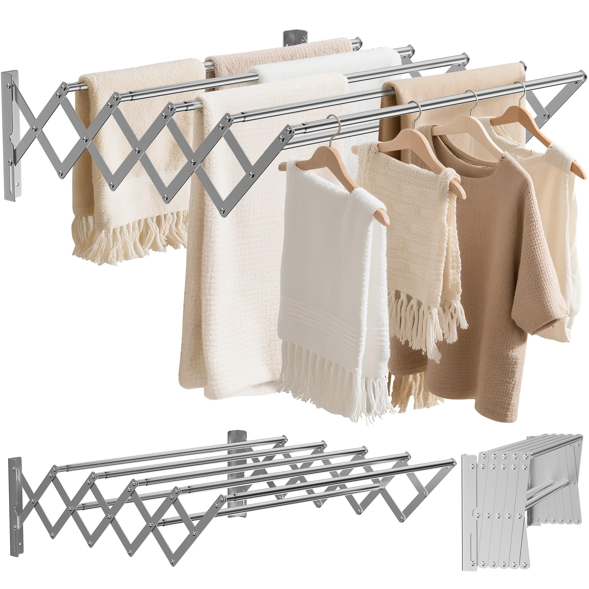 OUUTMEE Tendedero de pared de acero inoxidable extensible, área telescópica frontal y trasera: 12~68cm, con siete varillas de tracción, capacidad de carga 7.5kg (Plata)