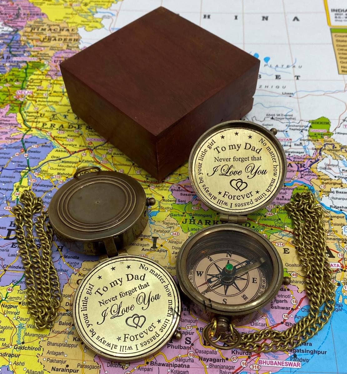 Bussola tascabile in ottone anticato, realizzata a mano, stile, direzionale, per navigazione, escursionismo, trekking, viaggi e campeggio, con scatola in legno "To My Dad"