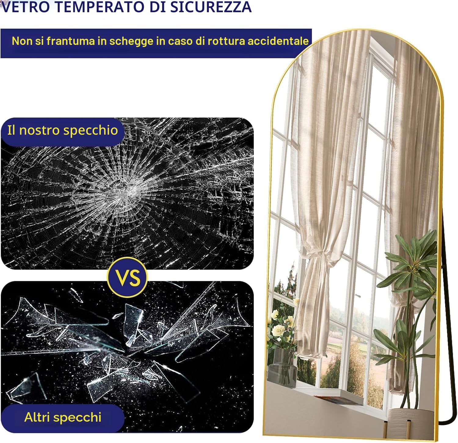 Specchio a Figura Intera 162x53 cm,Specchio da Terra ad Arco con Specchio da Parete Grande con Cornice in Alluminio e vetro infrangibile,Appoggiare o Appendere per Soggiorno,Corridoio,Gold