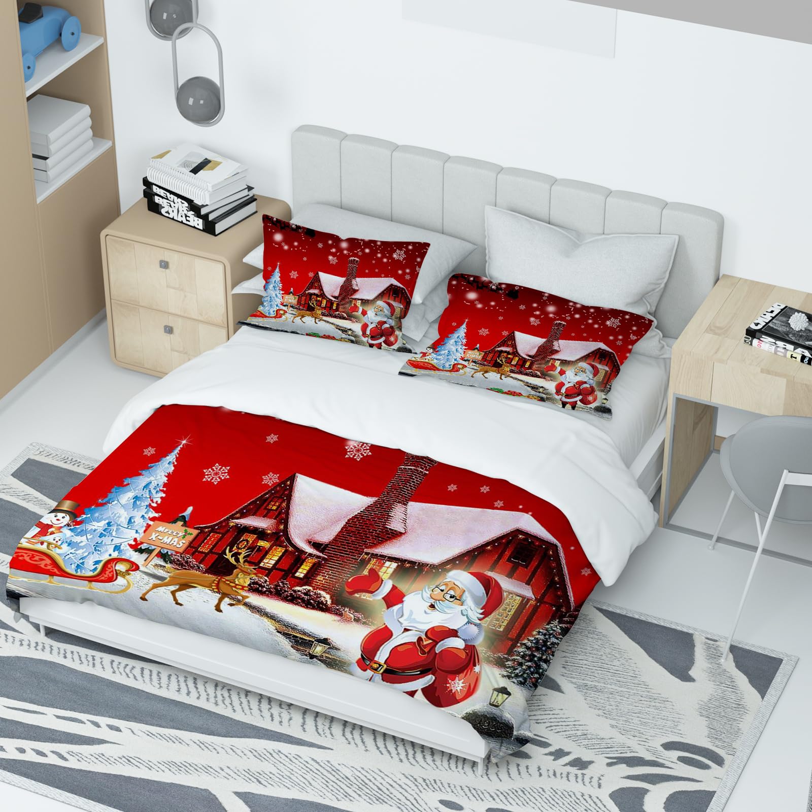 Kerst beddengoed sets, kerstman en elanden patroon dekbedovertrek met kussensloop set rode kerst print dubbel full size dekbedovertrek set,WhiteA- 200X200cm