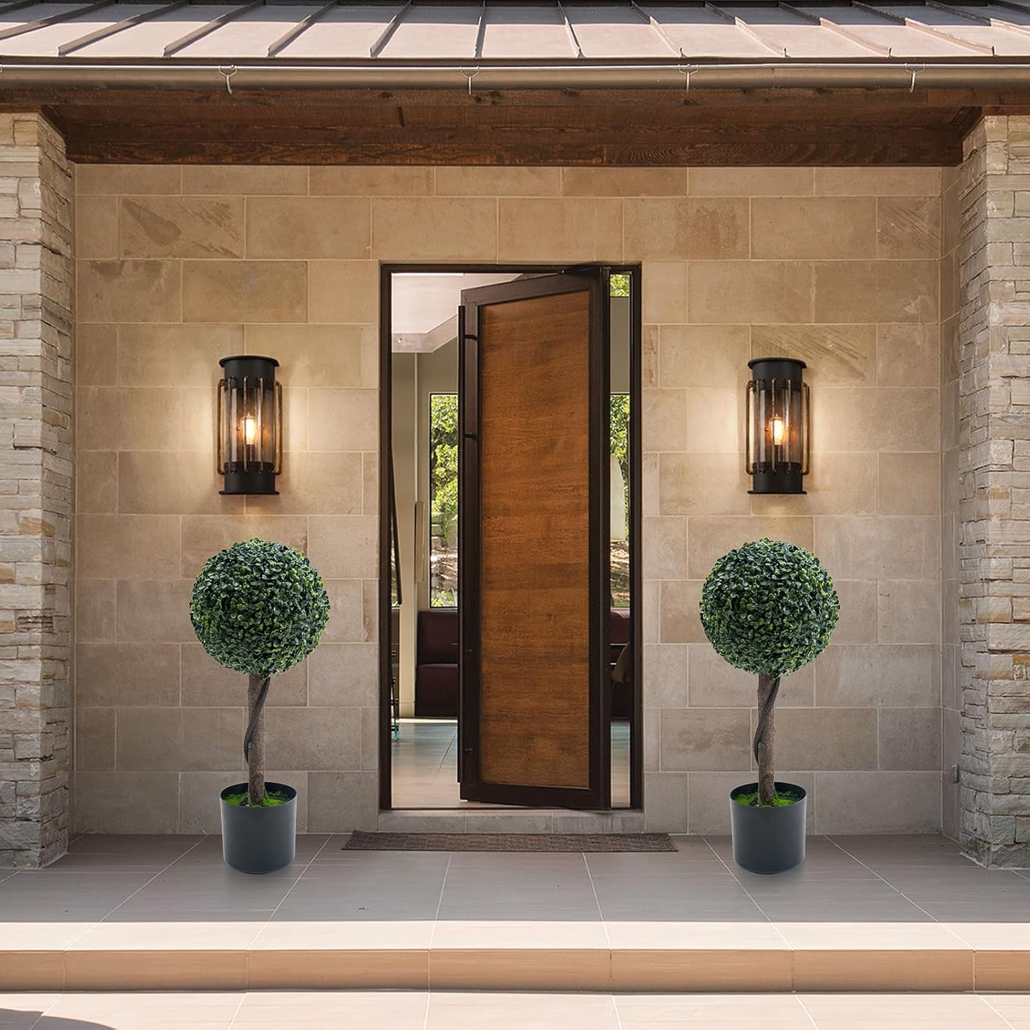 24 Inch Artificial Topiary Trees Set of 2, Fake Topiary Boxwood Ball Tree, Faux Shrubs Plants Green Decor Indoor Porch,Garden