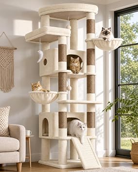 Globlazer Extra Large Heavy Duty Cat Tree, 80in Tall Sturdy Cat Tree Tower for Multiple Indoor Cats Large Adult with Scratching Posts, 2 Spacious Condos with Padding, 2 Soft Perches, S80C, Beige