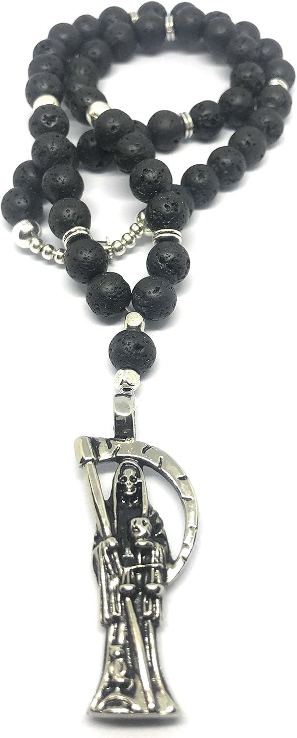 Holy death’s black lava rocks short lenght necklace. Collar corto de la Santa muerte con piedras de lava. - Image 2