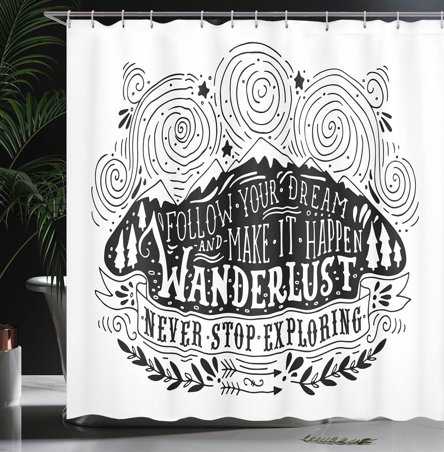 Ambesonne Saying Shower Curtain, Vintage Motif Follow Your Dream Make It Happen Never Stop Exploring Monochrome, Cloth Fabric Bathroom Decor Set with Hooks, 69" W x 75" L, White and Black