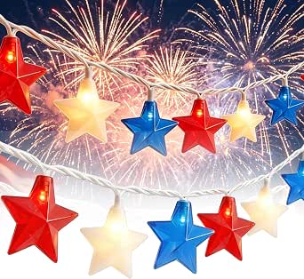 8.5Ft Red, White, and Blue Star String Lights for 4th of July