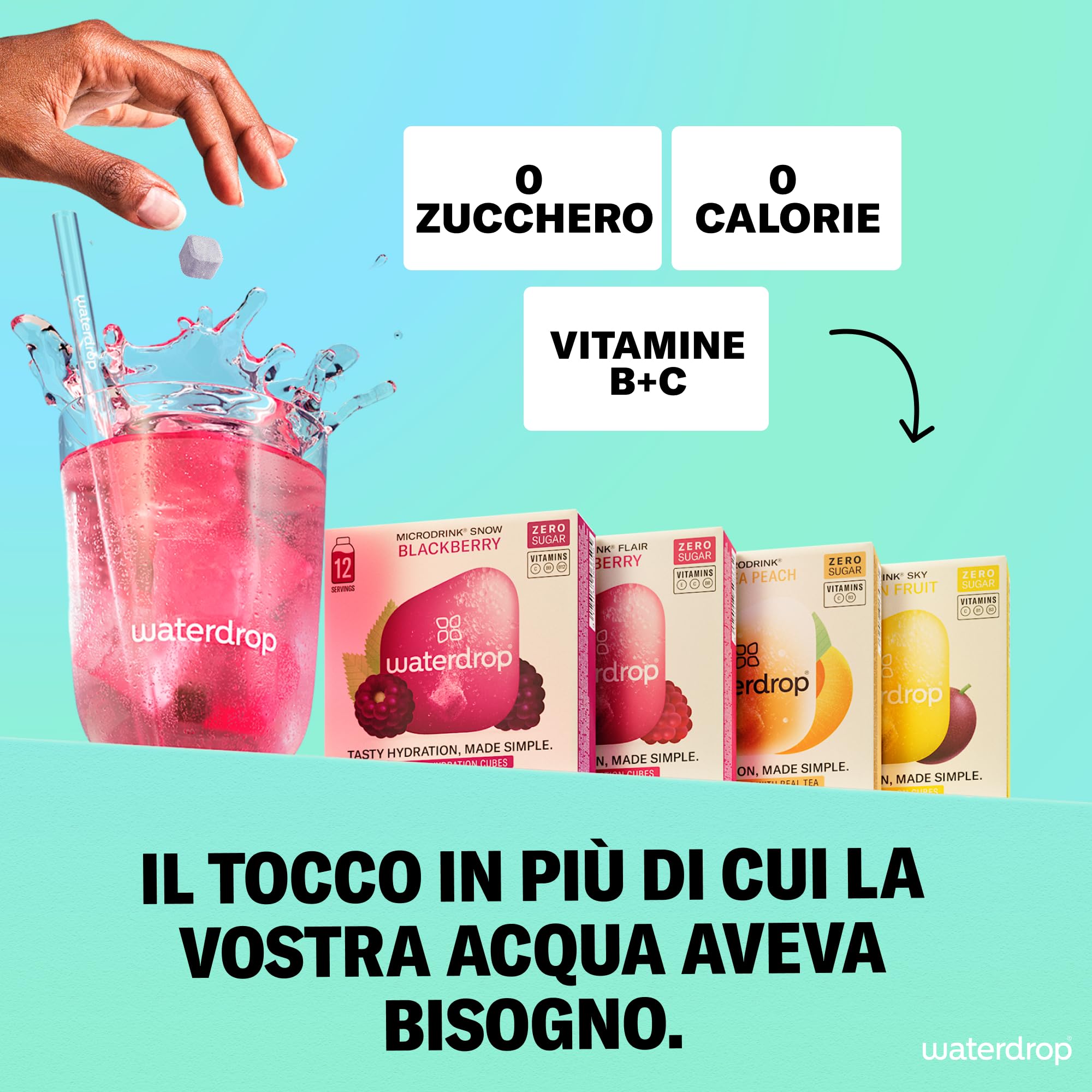 waterdrop® Set Microdrink - 48 cubetti waterdrop per acqua, Pacchetto di prova con 4 gusti aromatizzanti, insaporitore acqua senza zucchero, acqua aromatizzata, Aqua in Cubetti per bevande