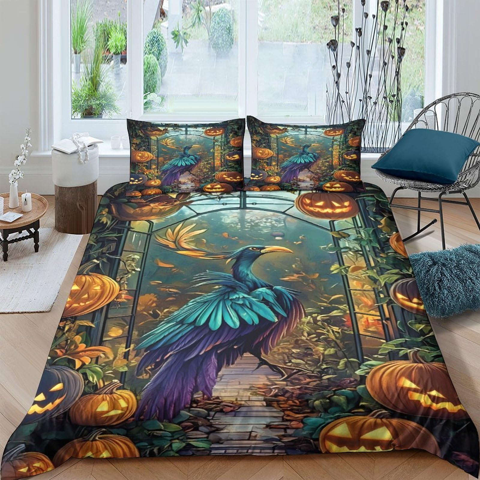 Ctjqhvkz Style-8 3D Printed Peacock Forest Fitted Sheet Microfiber Soft Breathable Pumpkin Mattress Cover For Bedroom Guest Room Decor Single（135X200cm）