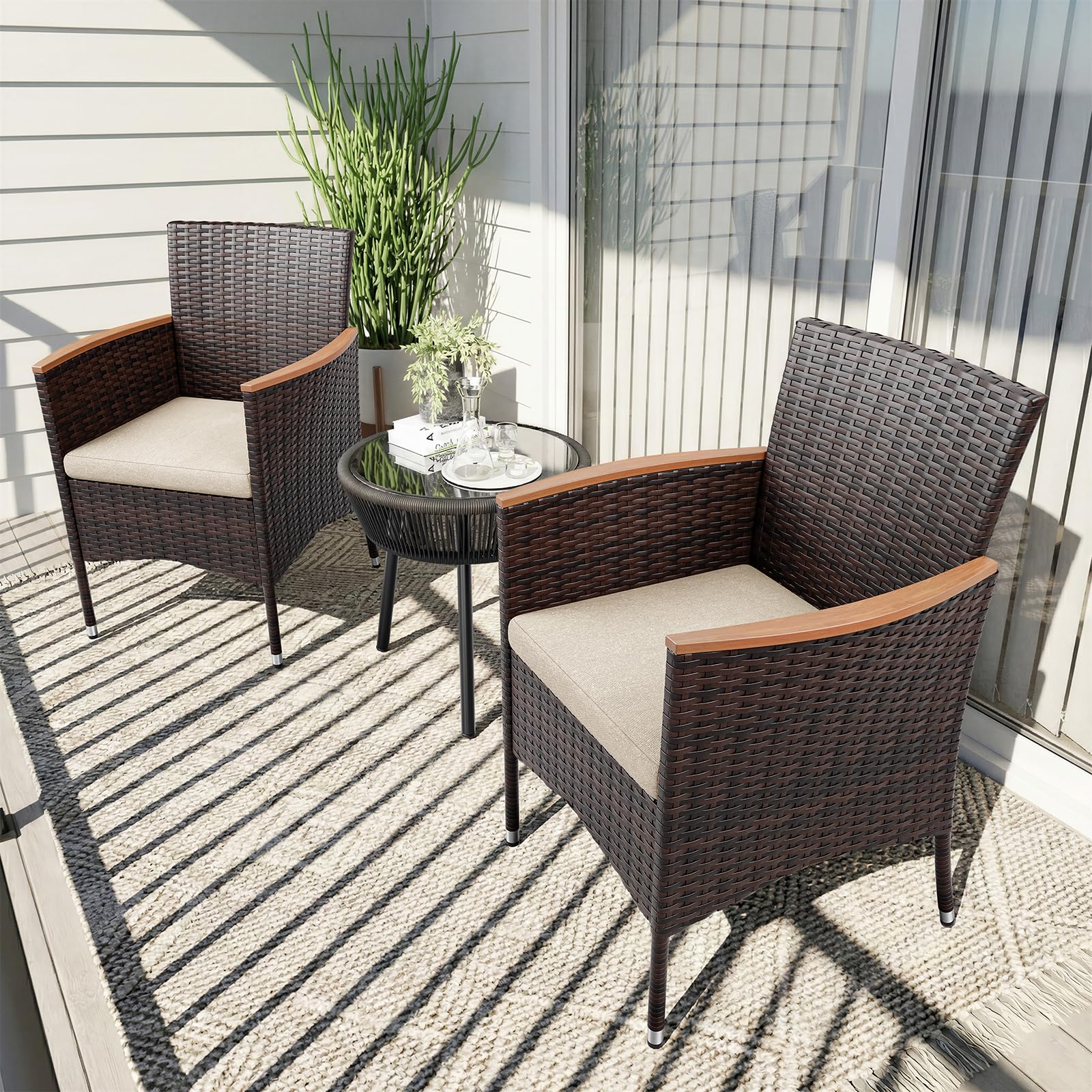 UDPATIO Gartenstühle 2er Set Rattan mit Kissen, Wetterfeste Gartenmöbel, Gartenstuhl Hochlehner für Balkon Terrasse, Outdoor Lounge Sessel, 60x59x85cm, Braun