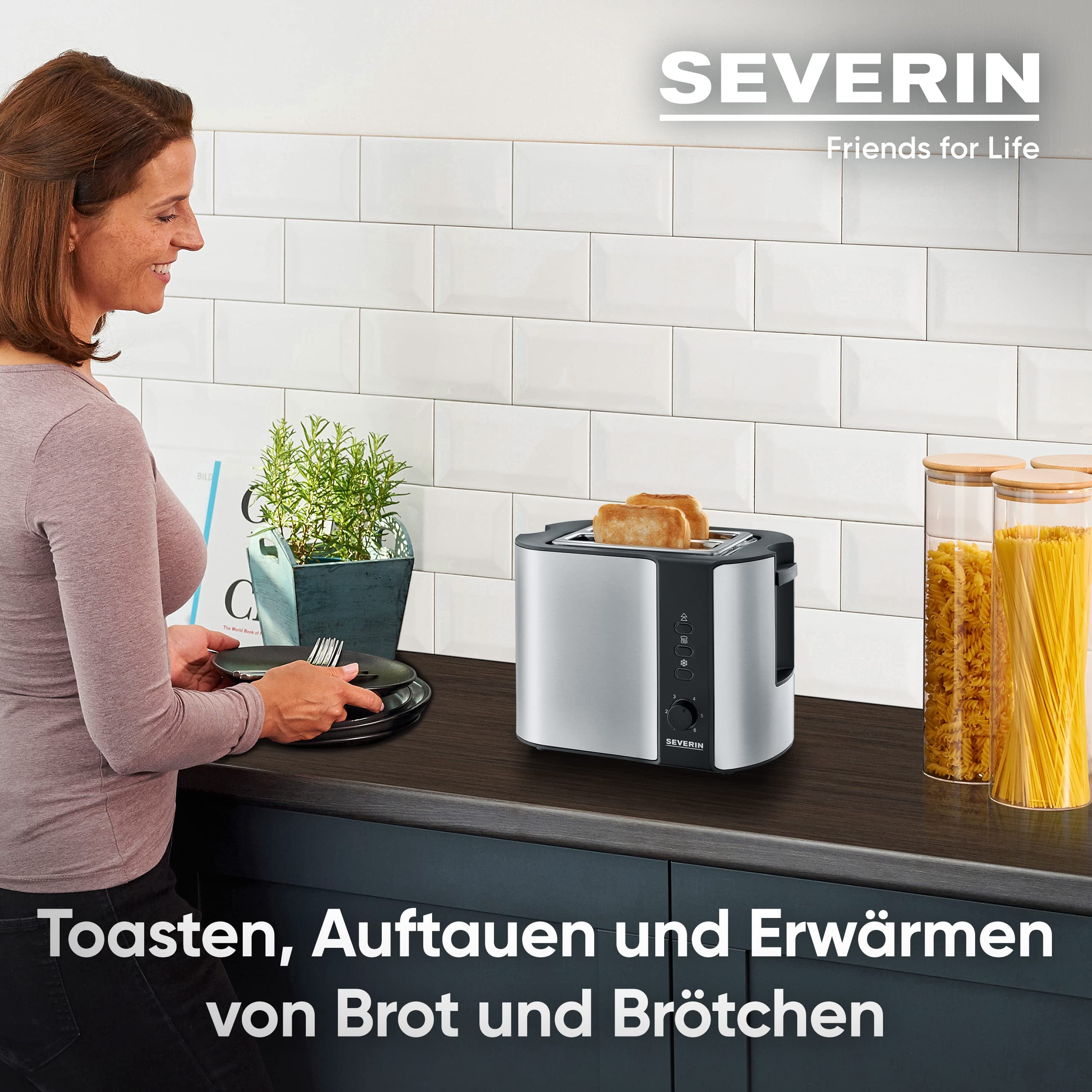 SEVERIN WK 3468 Glas-Wasserkocher 2.200 W 1 L Edelstahl/Schwarz Automatik-Toaster 800 W 2 Röstkammern