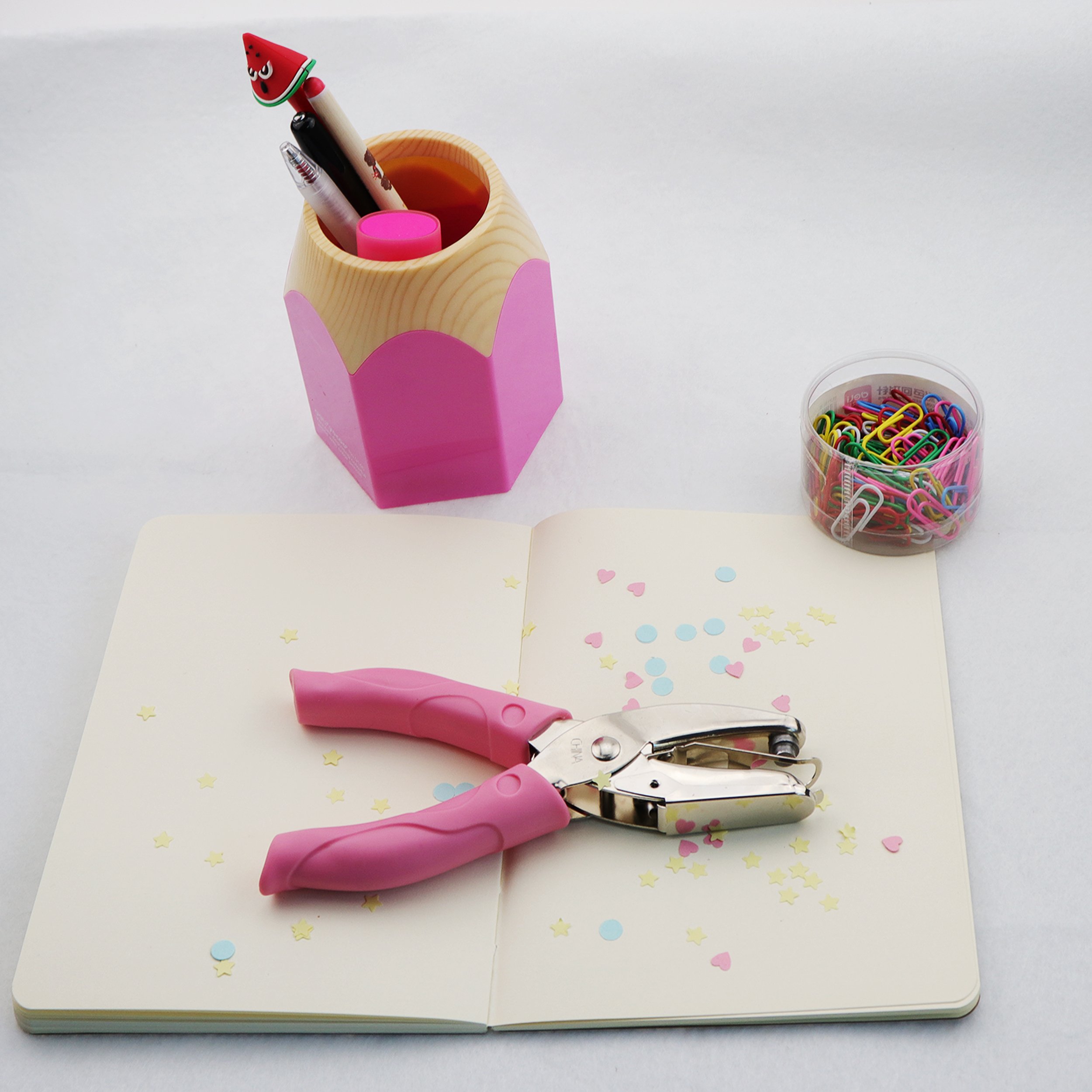 Perforadora de papel de metal de mano con un solo agujero para manualidades con agarre de color rosa, color Small Circle
