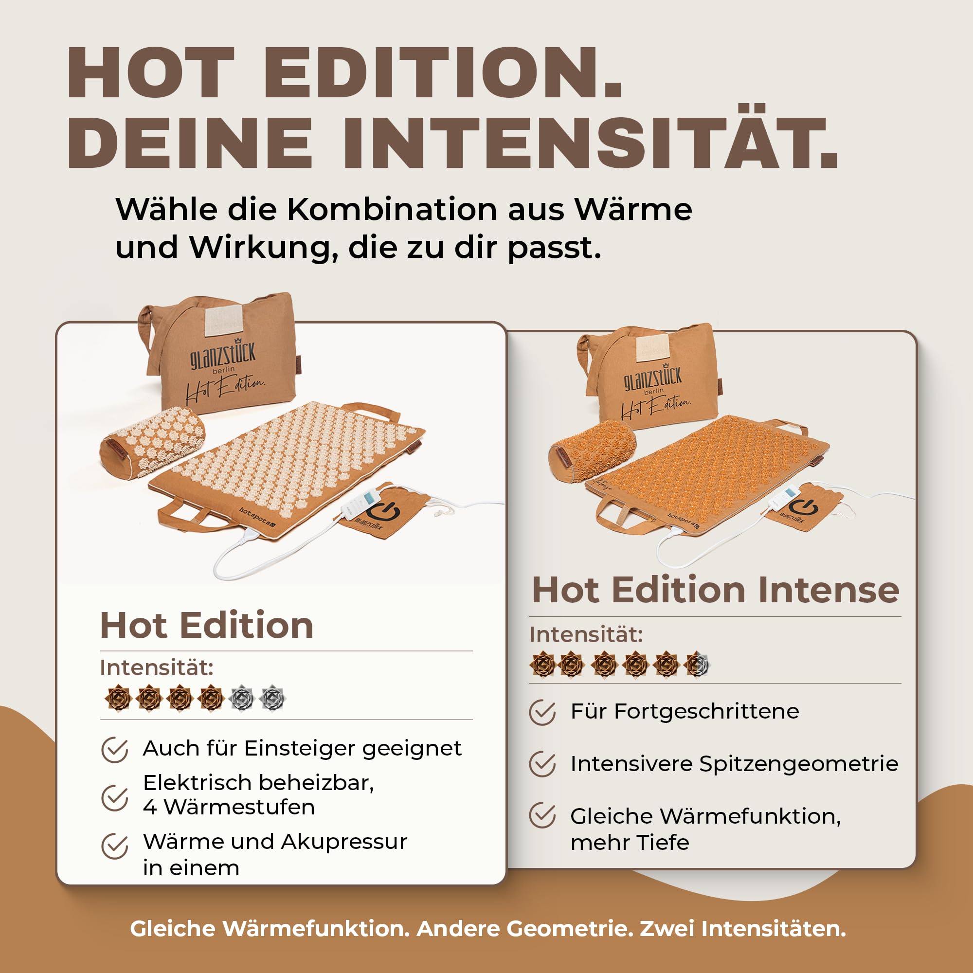 Glanzstück Berlin® Health Collection: set XL per agopressione Hot Edition riscaldabile elettricamente in lino, aiuto per tensioni, mal di schiena, tappetino da massaggio con borsa per cuscino