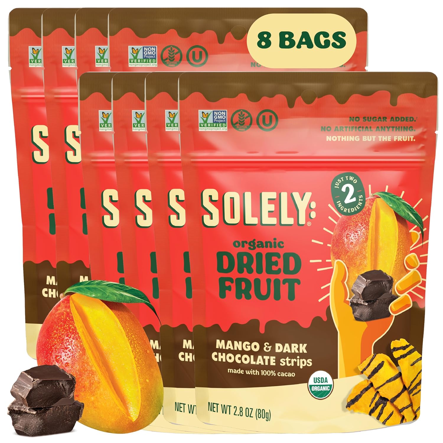 SOLELY - Organic Mango Chocolate Drizzled Strips (2.8 oz Resealable Bags, Pack of 8) - Real Fresh Fruit - Healthy Snacks for Adults & Kids - Non GMO, Vegan Snacks, Shelf Stable - 8 Bags (22.4 oz)