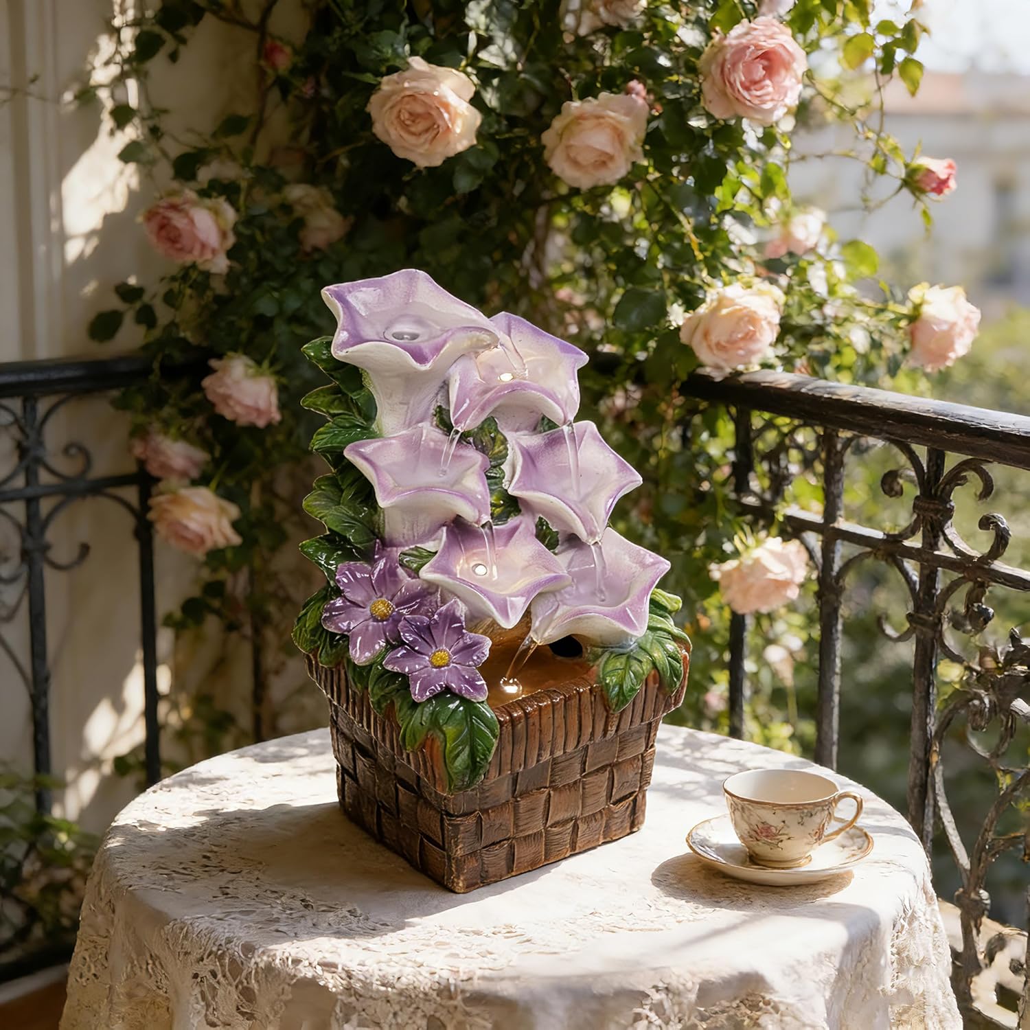 Tabletop Purple Fountain Indoor Light Purple Lavender Morning Glory Themed Desk Fountain for Home Decor Table Top Heavenly Blue Fountain for Relaxation Meditation(Lavender)