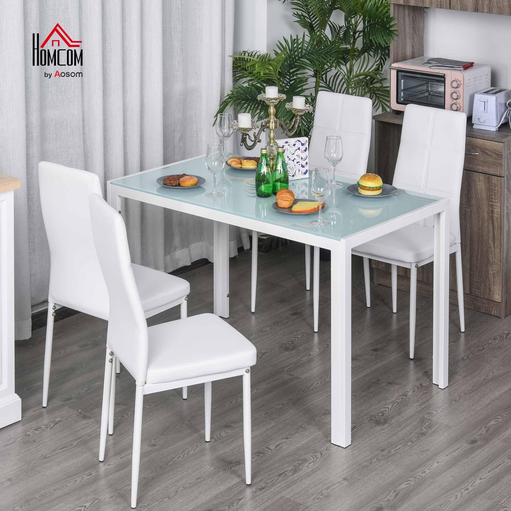 HOMCOM Ensemble Table à Manger avec 4 Chaises, Table de Cuisine en Cuir Synthétique, Verre Trempé, Acier, Blanc