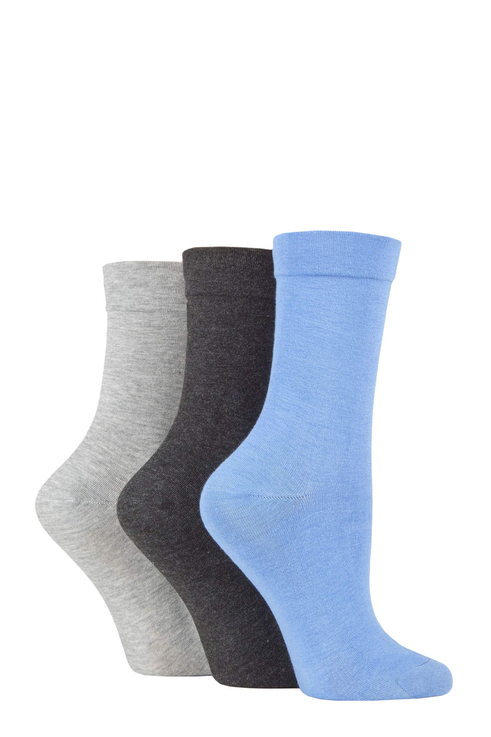 SockShop Ladies Gentle Bamboo Socks with Smooth Toe Seams In Plains and Stripes Pack of 3 Blue/Light Grey/Charcoal 4-8