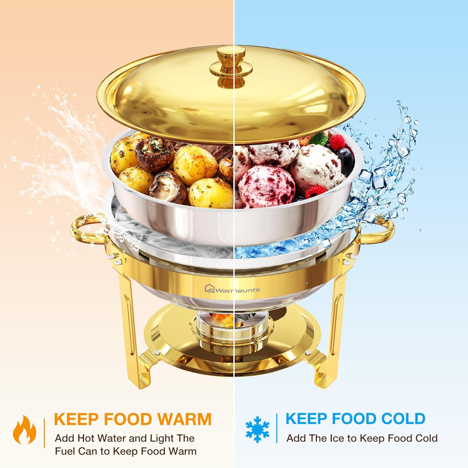 WARMOUNTS Gold Chafing Dishes for Buffet (5QT, 4 Pack), Stainless Steel Round Chafers and Buffet Warmers Sets with Lid Holder, Rolled Rim Process, Stackable Design, for Catering, Parties, Weddings - Image 2