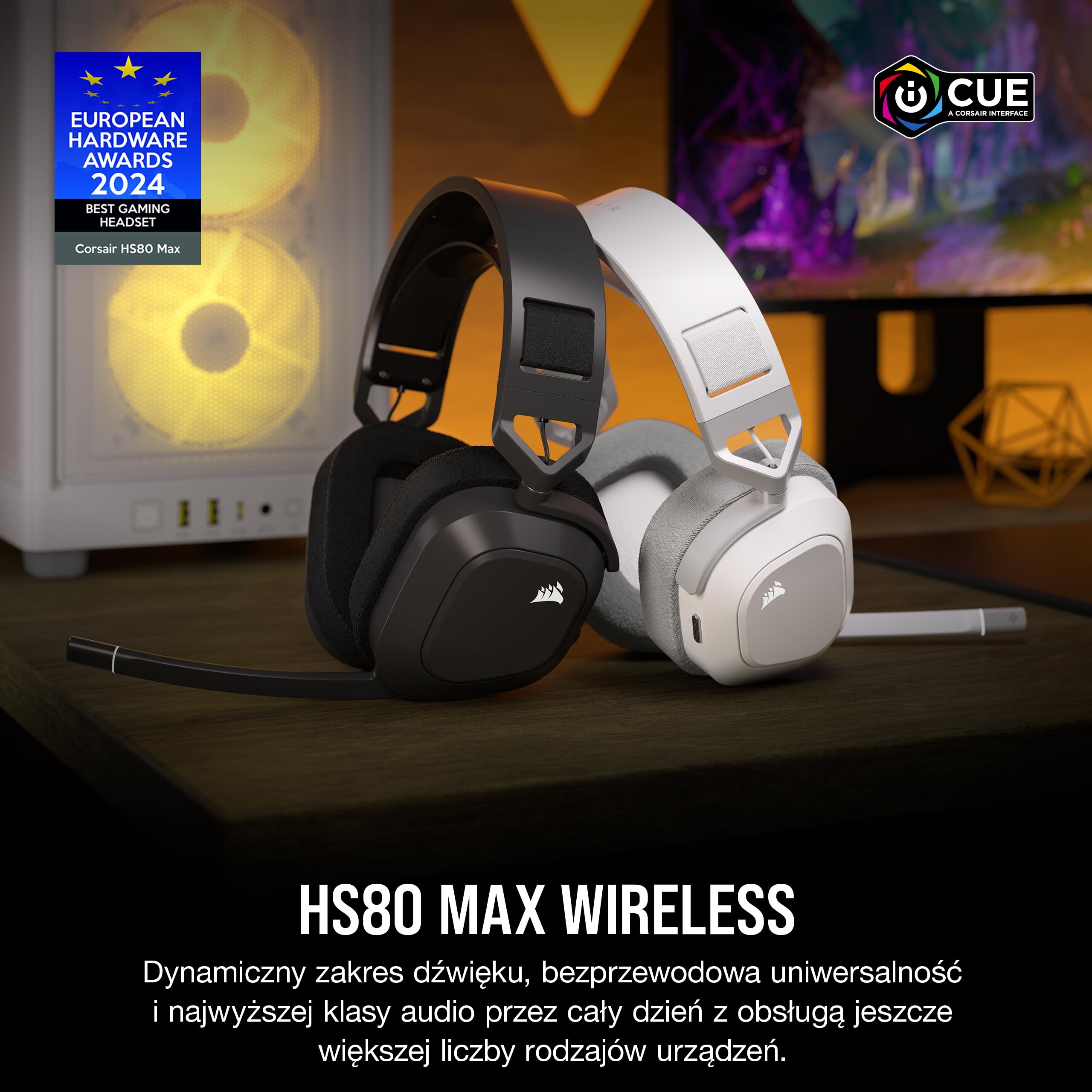 CORSAIR HS80 MAX WIRELESS Wieloplatformowy Zestaw Słuchawkowy do Gier z Bluetooth - Dolby Atmos - Mikrofon o Jakości Transmisji - Kompatybilny z iCUE - PC, Mac, PS5, PS4, Mobile - Biały