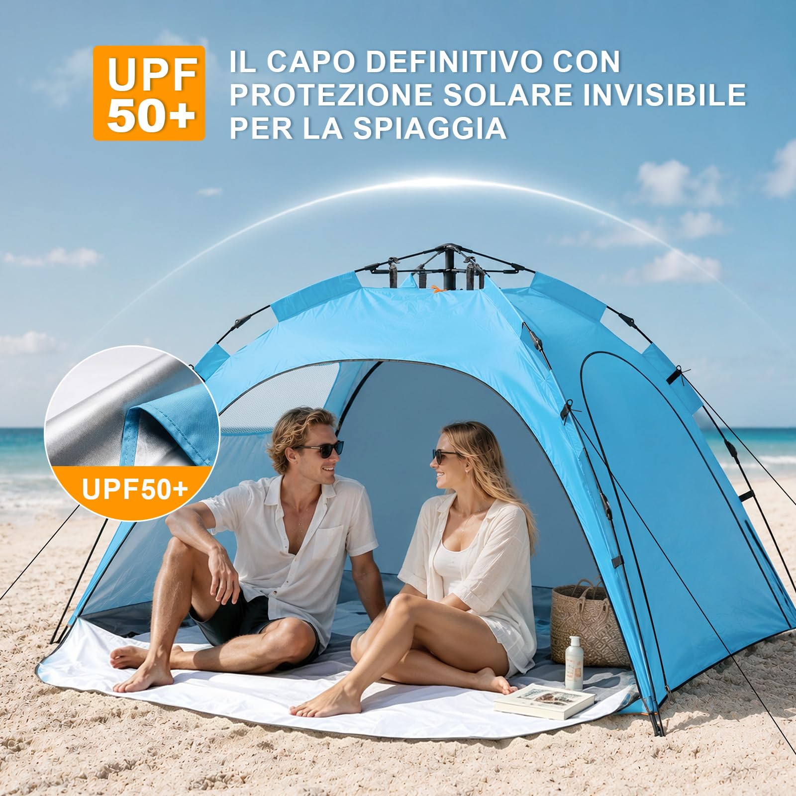 JONRRYIN Tenda da Spiaggia Pop Up per 2-3 Persone, Tenda Mare Spiaggia con Protezione UV 50+, 3 Ingressi, Gancio Interno e 4 Sacche di Sabbia, Struttura Portatile per Campeggio e Picnic
