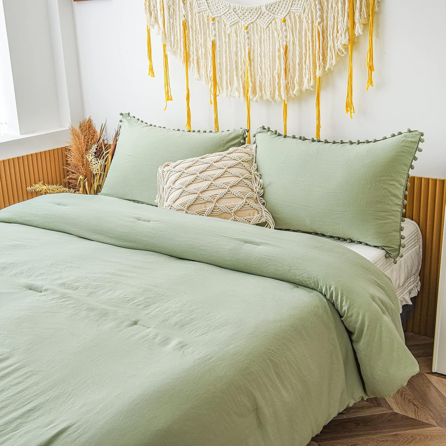 Tесh Dеаlѕ 🔥 Sage Green Pom Pom Comforter Set Green Comforter Triple Green Ball Fringe Design Chic Boho Balls Down Alternative Comforter Boys Girls Bedding Queen 1 Duvet 2 Pillowcases (King, Sage Green)