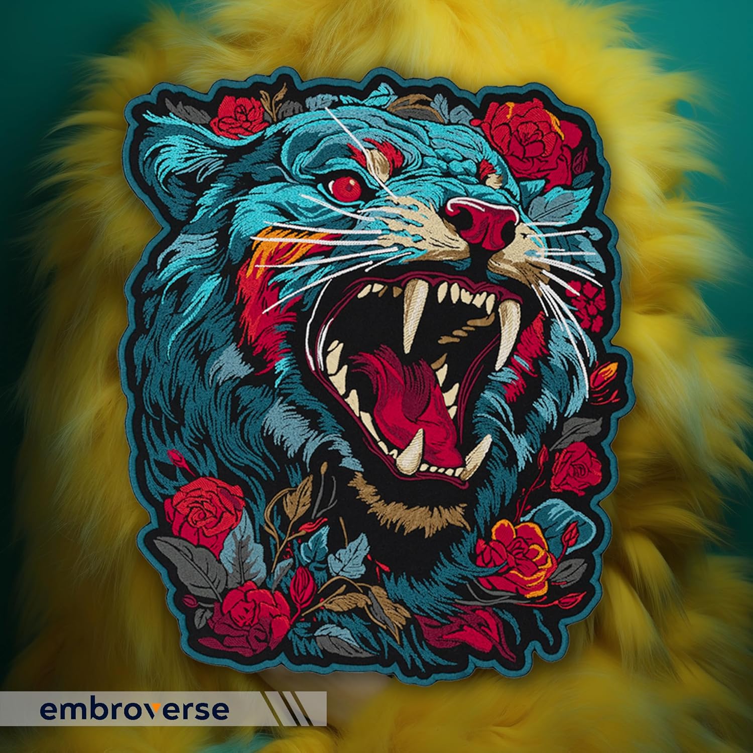 EMBROVERSE Roaring Panther Large Back Patch - Fierce Feline Beast with Roses - Embroidered Floral Applique for Jacket - Iron-On Denim Accessory, 11.5 x 13.7 inches