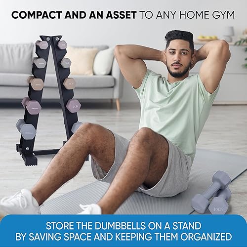 Miniatura 9 de Juego de mancuernas con estante, pesas recubiertas de neopreno, pares de mancuernas hexagonales con código de color, 1 a 20 libras
