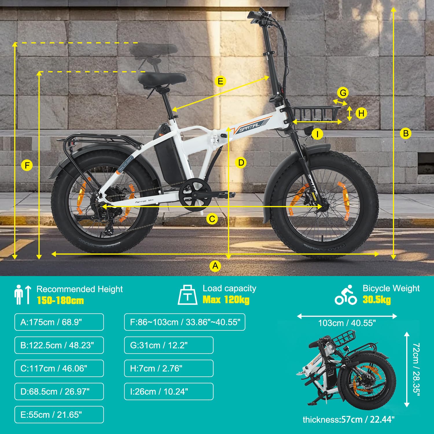 SPATIAL Vélo électrique pliable 20" avec pneus larges de 4", batterie amovible 48 V 13 Ah, portée de 70 km, moteur 250 W, couple 65 Nm, déverrouillage NFC et écran LCD (Bianca/Uomo)