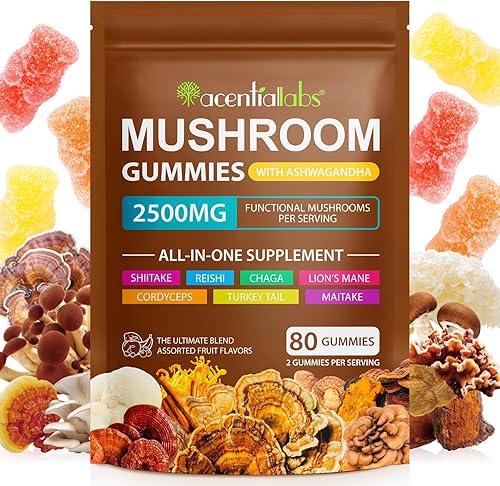 Gomitas Ashwagandha con mezcla de súper hongos Gomitas de hongos con melena de león, reishi, cola de pavo, cordyceps, KSM 66, Shiitake Apoyo