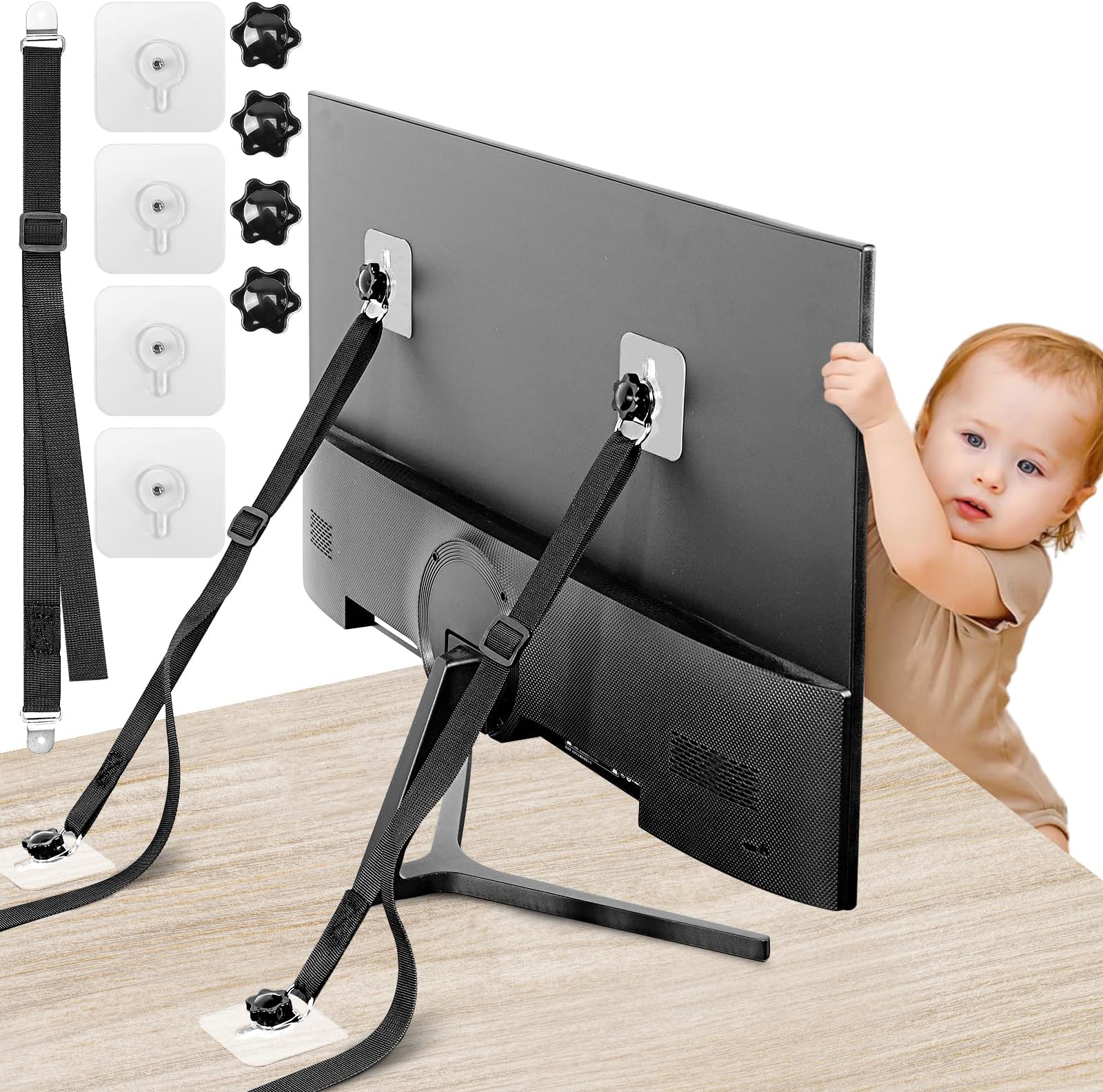 No Drill TV Straps Safety for Flat Screen, Adjustable 18" to 36" TV Safety Straps for Baby Proofing, Anti-Tip Furniture Anchors for Kid and Pet Fixing to Cabinet Desk, Earthquake Straps