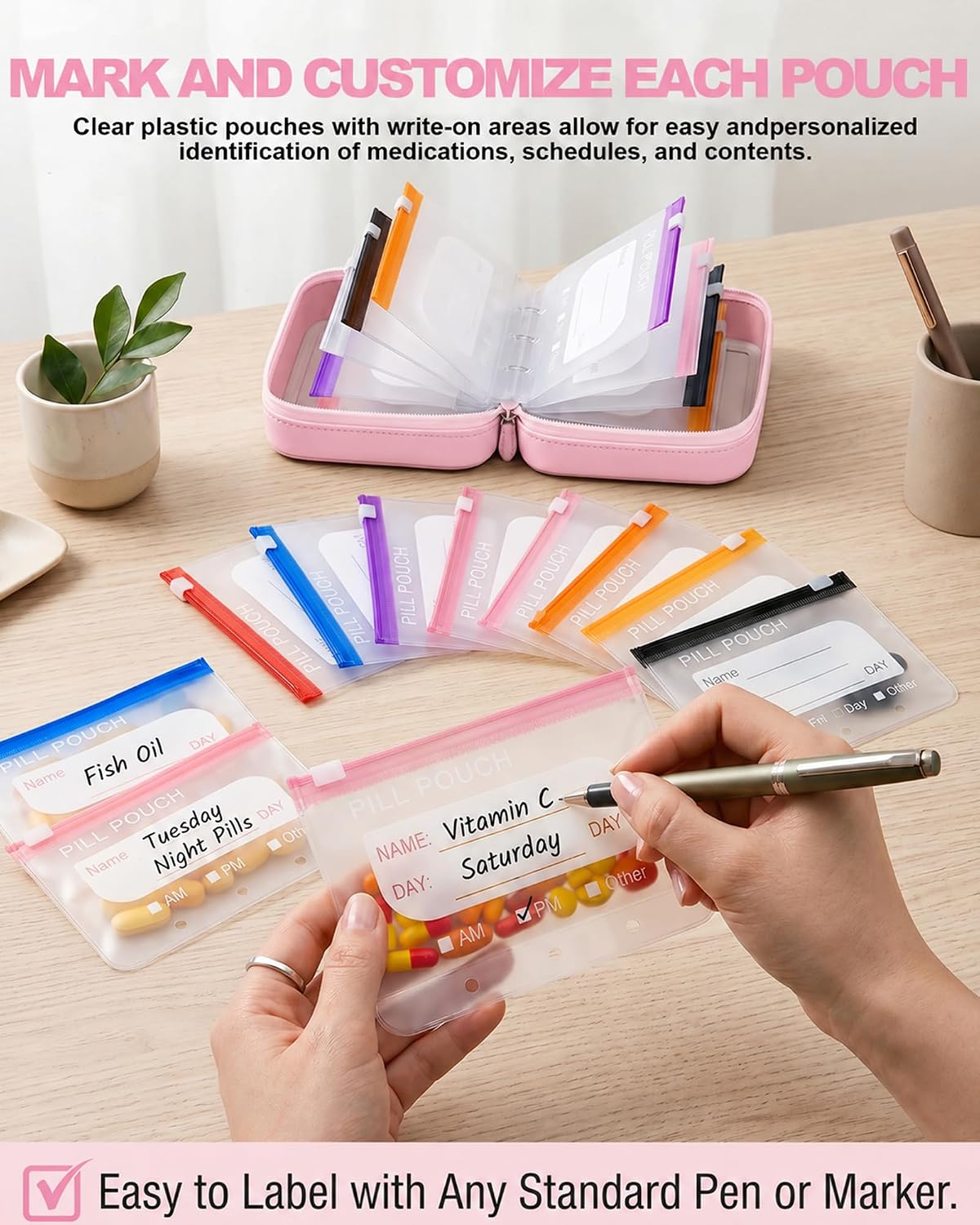 Waterproof Pill Pouch Set,Waterproof Pill Organizer Set with 14 Color Coded Medicine Pouches,Reusable Large Medicine Organizer for Travel,7 Day Portable Medicine Pill Case (Pink) image 4