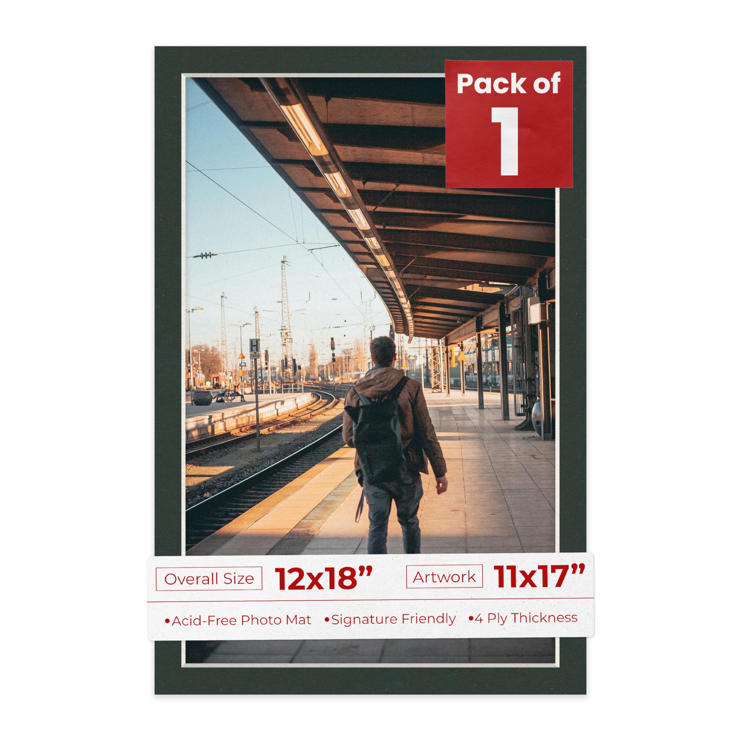 Photo 1 of Poster Palooza 12x18 Mat Bevel Cut for 11x17 Photos - Acid Free Black Precut Matboard With Backing Board and Crystal Clear, Self Seal Photo Mat Bag - For Pictures, Photos, Framing - 4-ply Thickness
