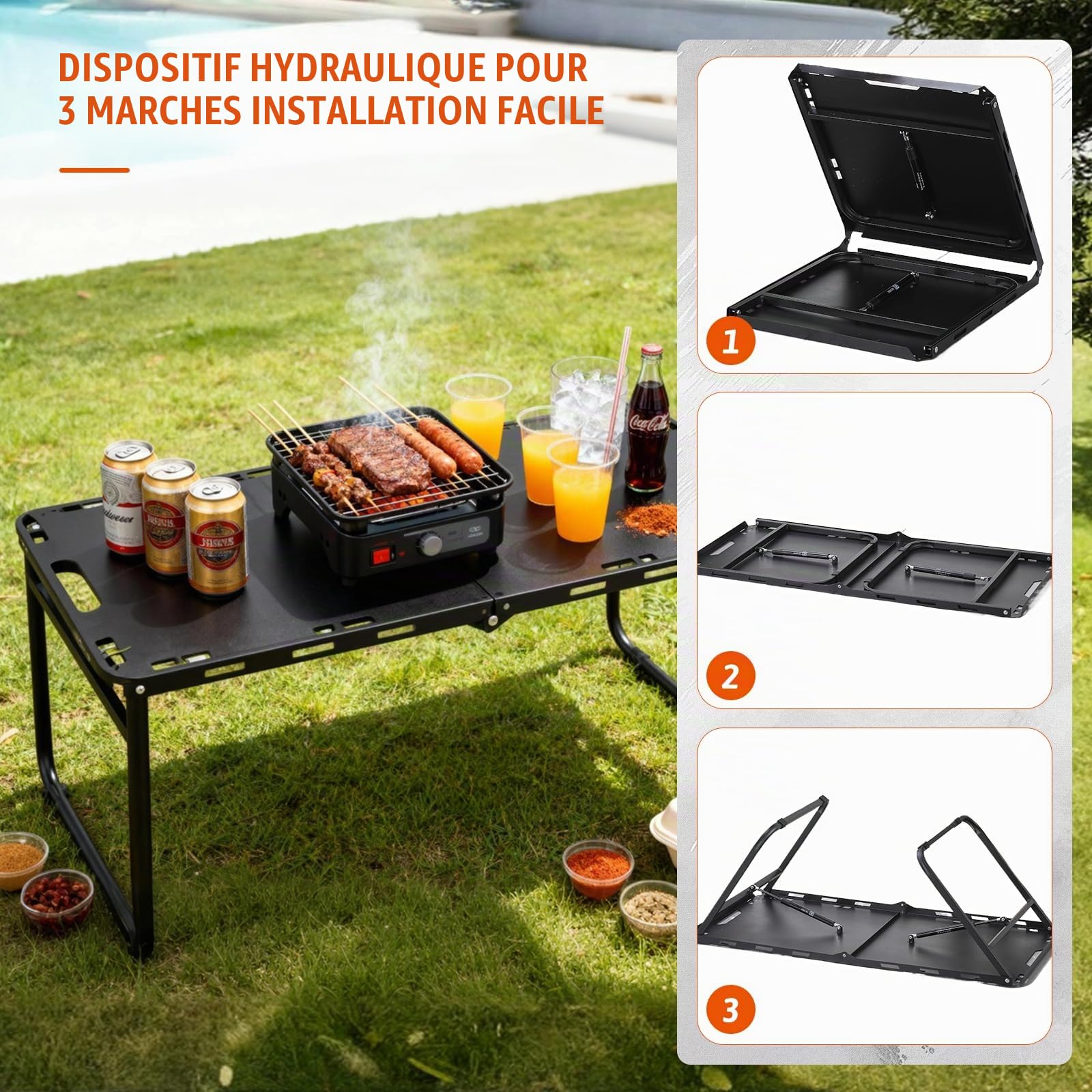 Table Camping Basse Métal Noir, Pliante + Sac de Transport Inclus | Structure métal noir solide, format bas polyvalent, se plie compacte + sac transport, jardin, voyage barbecue