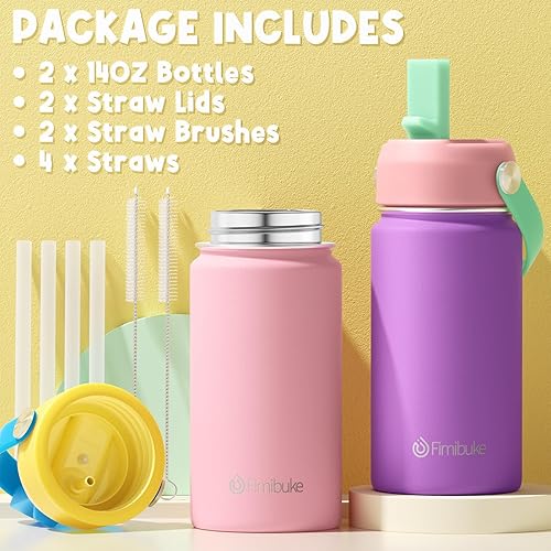 Miniatura 6 de Fimibuke Botella de agua aislada para niños, 14 oz sin BPA, termo de doble pared con aislamiento al vacío, 188 de acero inoxidable, a prueba de