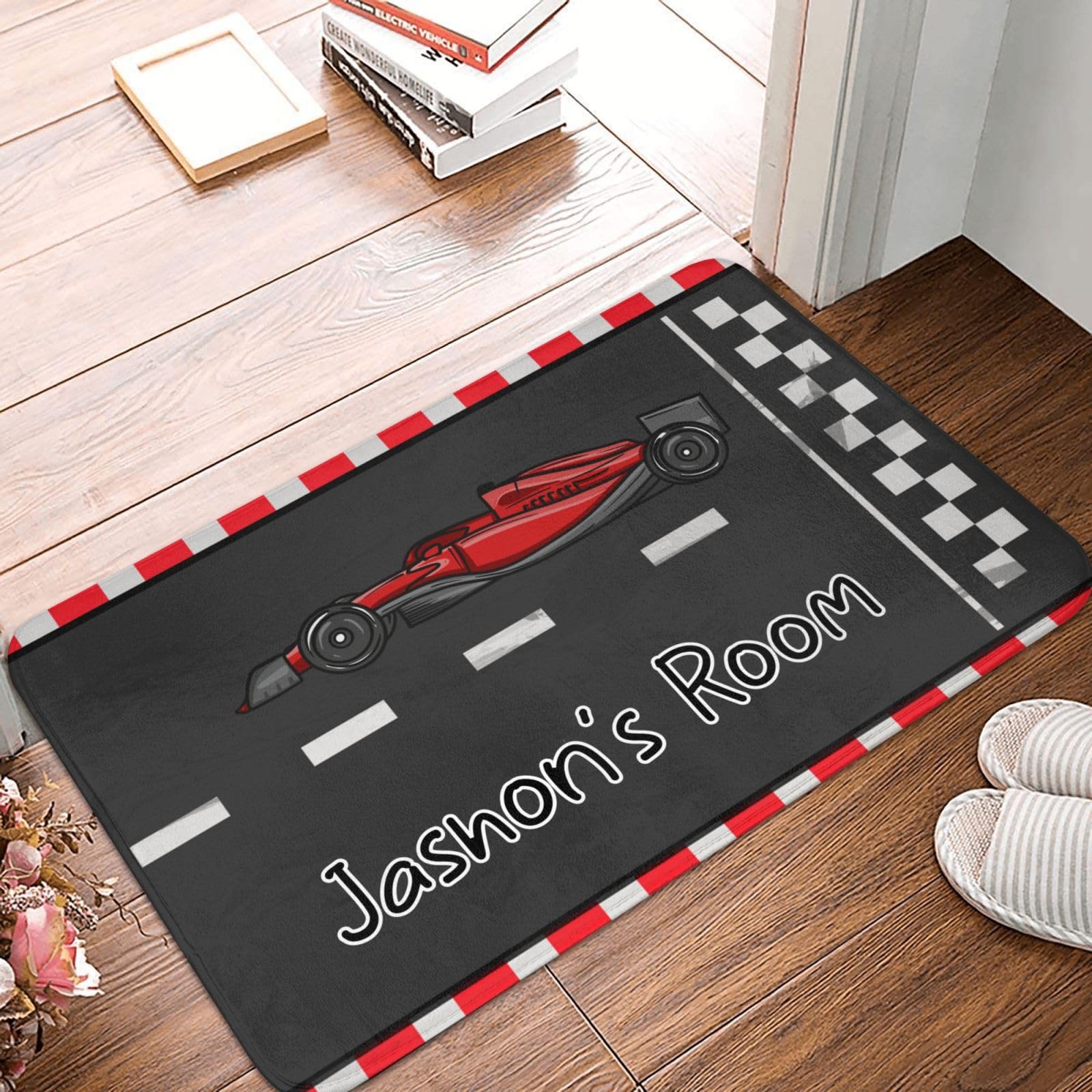 Custom Road Race Car Rug Doormat Personalized Kid's Room Name Text Decoration Door Mat Customized Non-Slip Floor Carpet for Kids Boys Girls Room