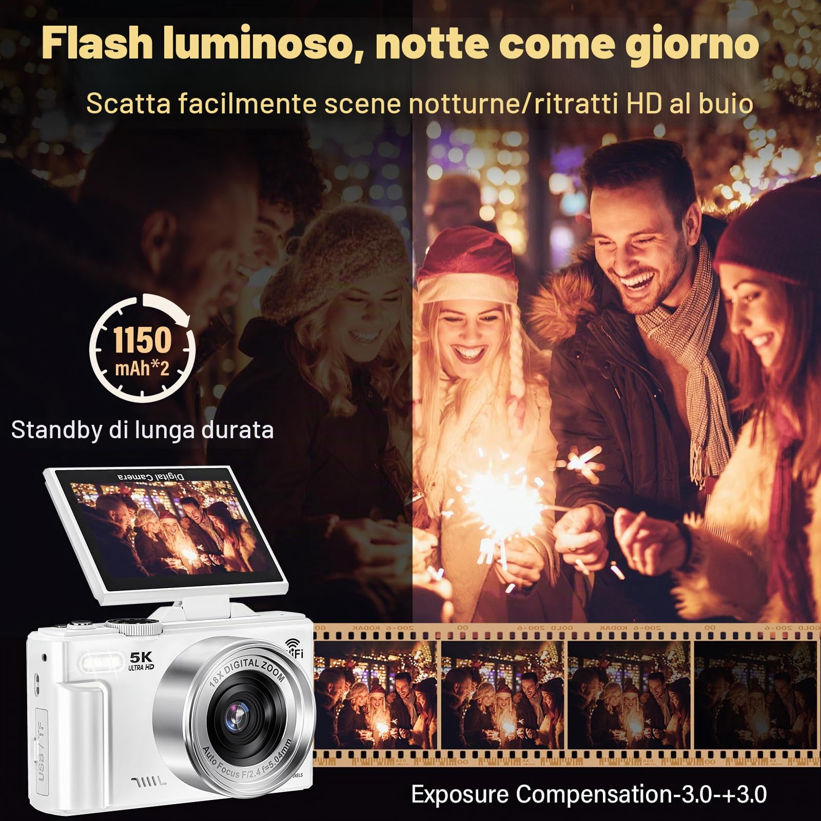 Fotocamera digitale 5K – WiFi 75 MP fotocamera per fotografia – fotocamera UHD Vlogging per YouTube con schermo 3 pollici 180 ° Flip Screen – Autofocus Compact Video Travel Camara con zoom 18X, scheda
