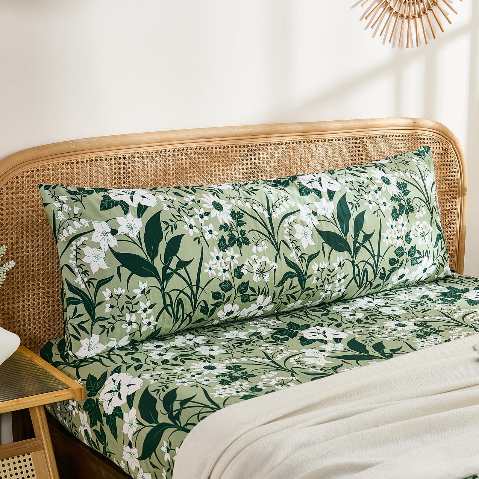 Herside Body Pillowcase 100% Cotton Pillow Case, 1-Piece Vintage Green Floral Print, Soft Breathable Envelope Closure Pillow Cover(Body, 50x137cm)