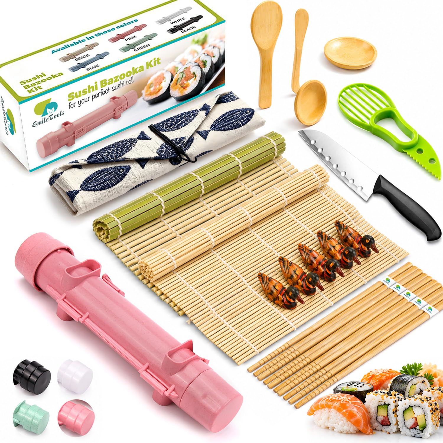 SmileTools Sushi Making Kit For Beginners - 22 Piece DIY Sushi Roller Kit with Bamboo Sushi Rolling Mat, Sushi Bazooka, Chef's Knife, Chopsticks, Holder - Best Starter Sushi Kit (Pink)