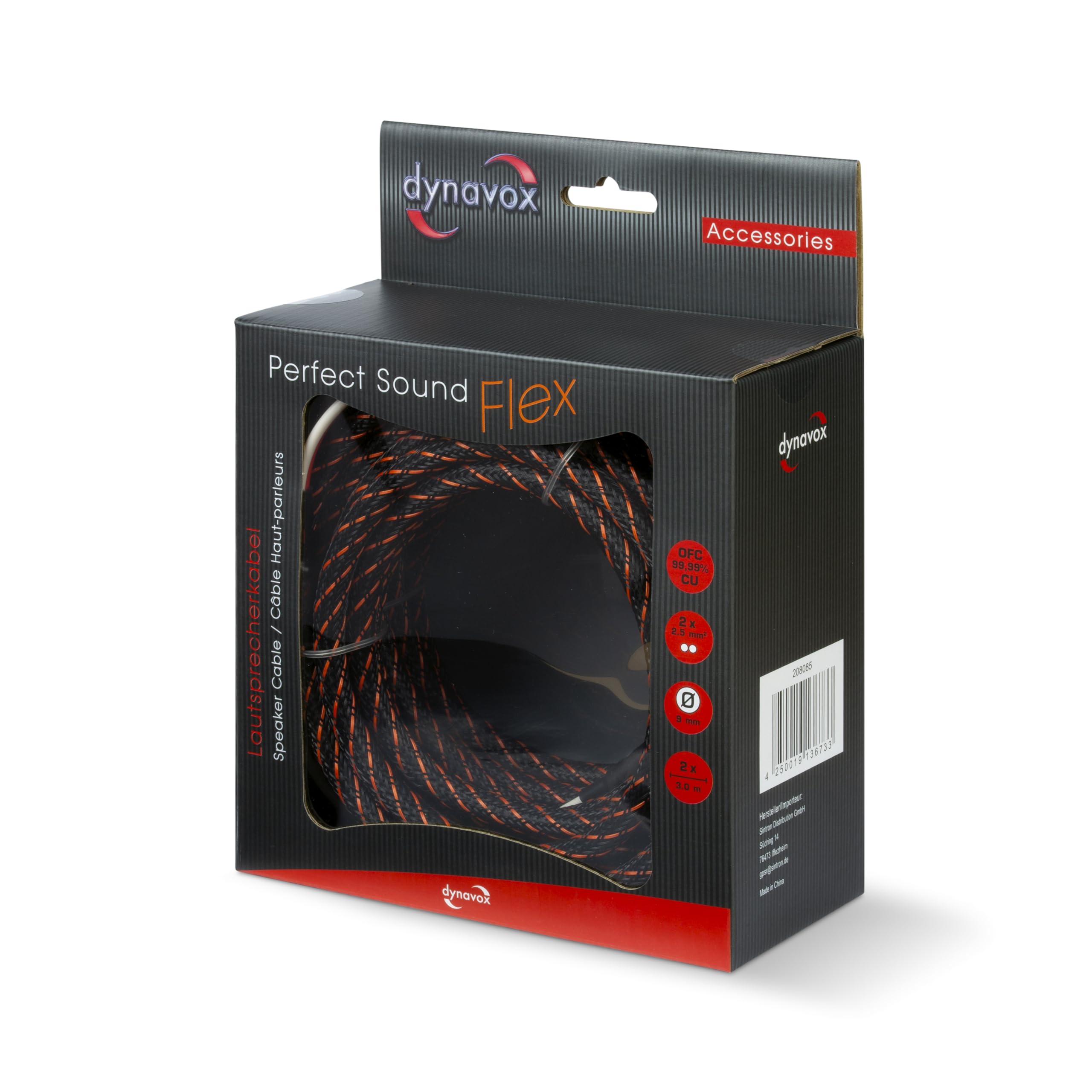 Dynavox Perfect Sound Flex, câbles de haut-parleur HiFi extrêmement flexibles avec fiches bananes creuses plaquées or, transmission de signal sans perte, cuivre OFC de haute pureté, paire, longueur 3m