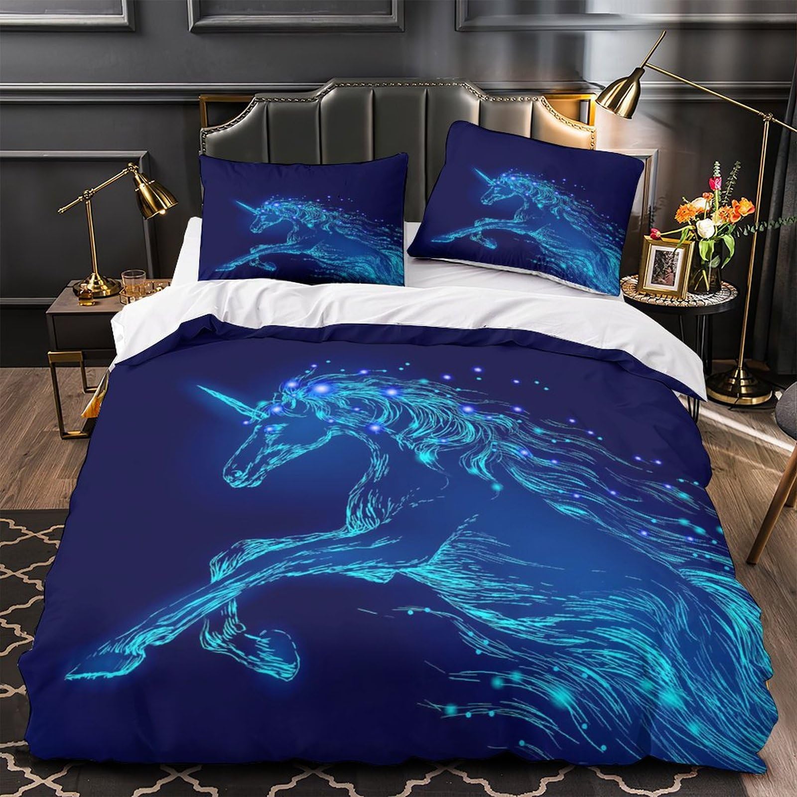 Unicorn Glowing Quilt Cover 3D Print Ultra Soft 3PCs Bed Linen Hidden Zipper Fantasy Digital Comforter Cover Luxury Durable for Adults Teens Women Kids Girls Boys Youth Super king（260x220cm）