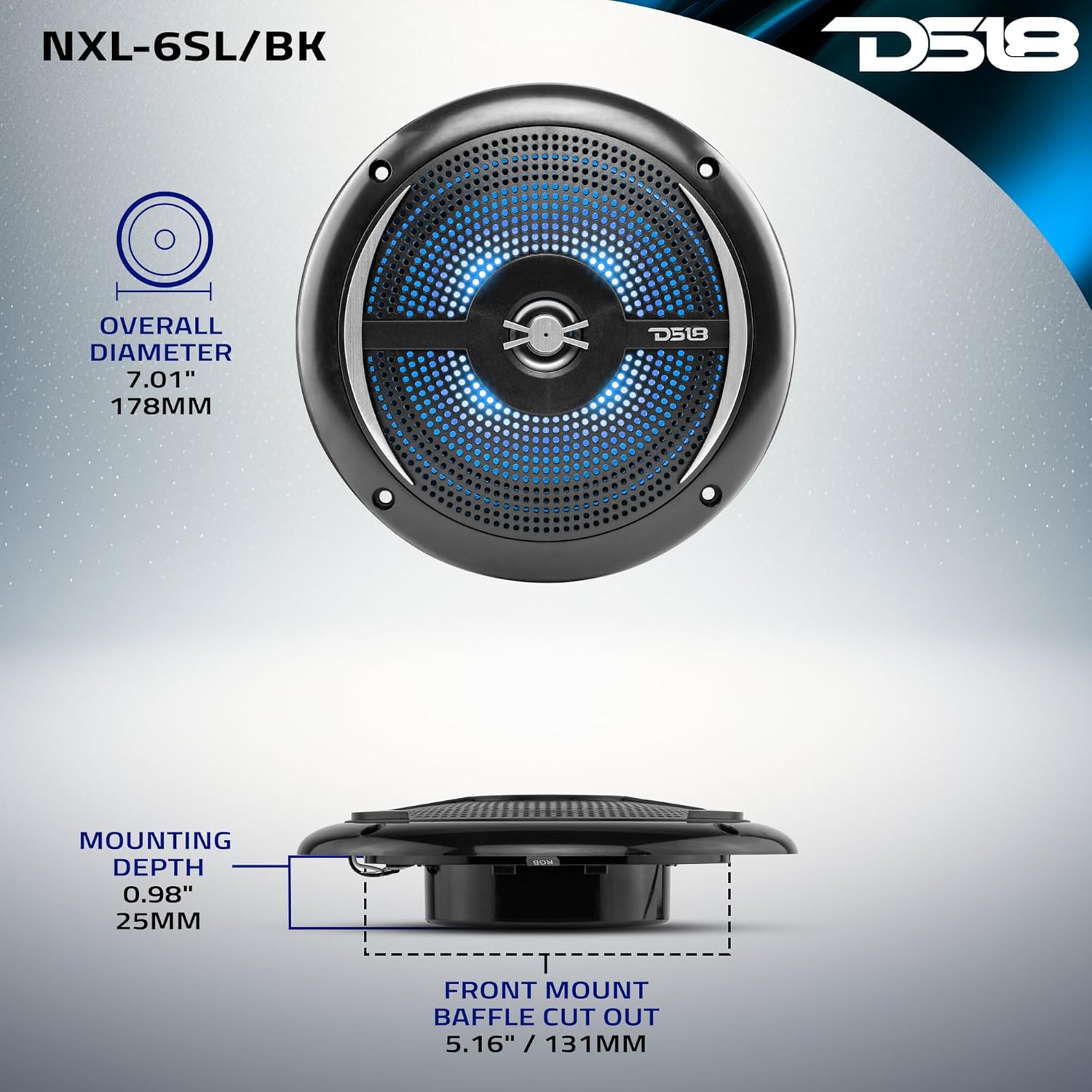 Diagram showing the dimensions of the DS18 NXL-6SL/BK speaker, including overall diameter, mounting depth, and cutout size.