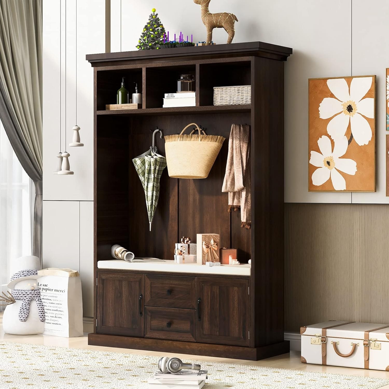 Hall Tree with Upholstered Bench and Coat Rack, Entryway