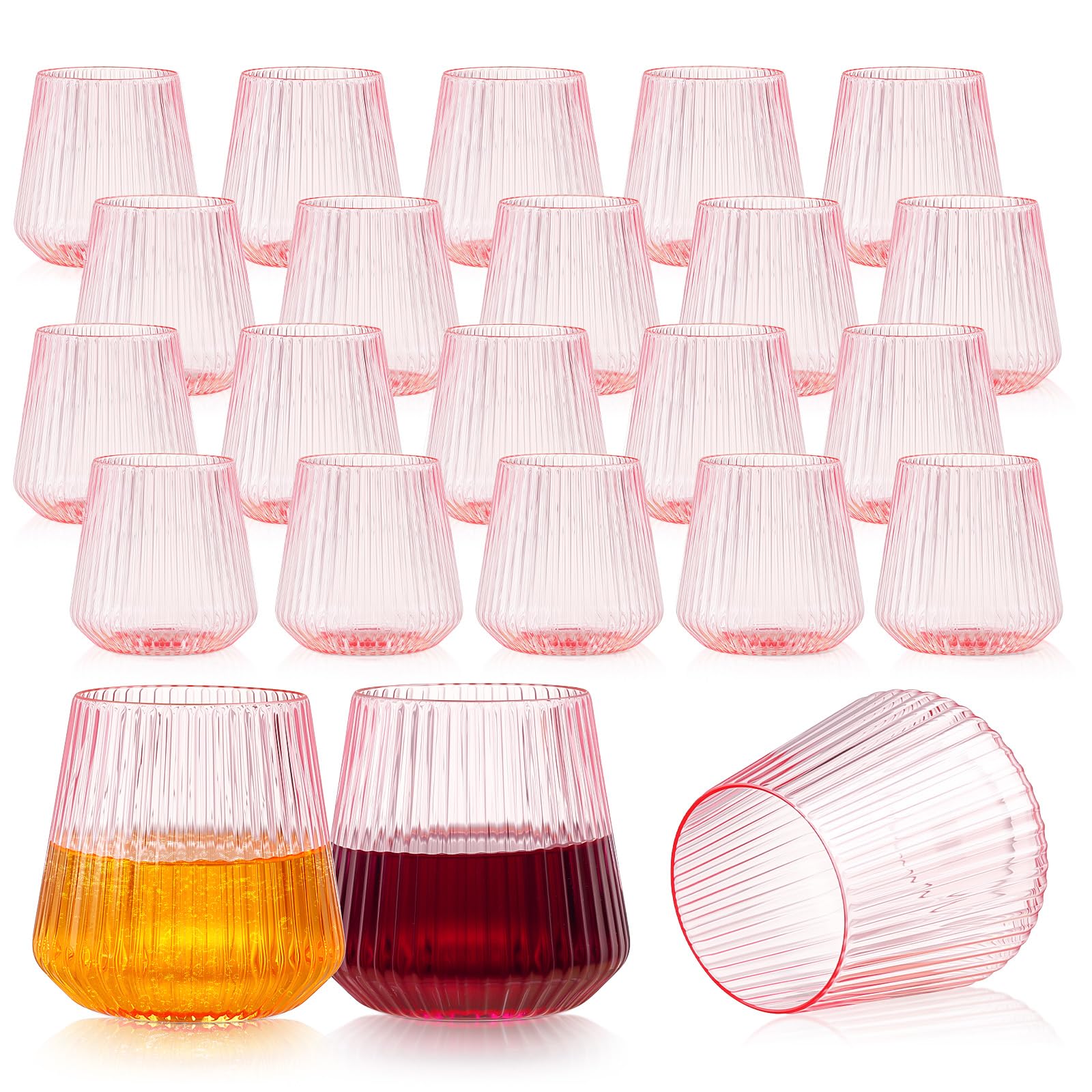 Photo 1 of 24 Pack Pink Plastic Wine Cups, 14oz Disposable Stemless Ribbed Wine Glasses, Cute Clear Unbreakable Outdoor Cocktail Glasses, Heavy Duty Plastic Drinking Cup for Galentine Wedding Party Mimosa Bar